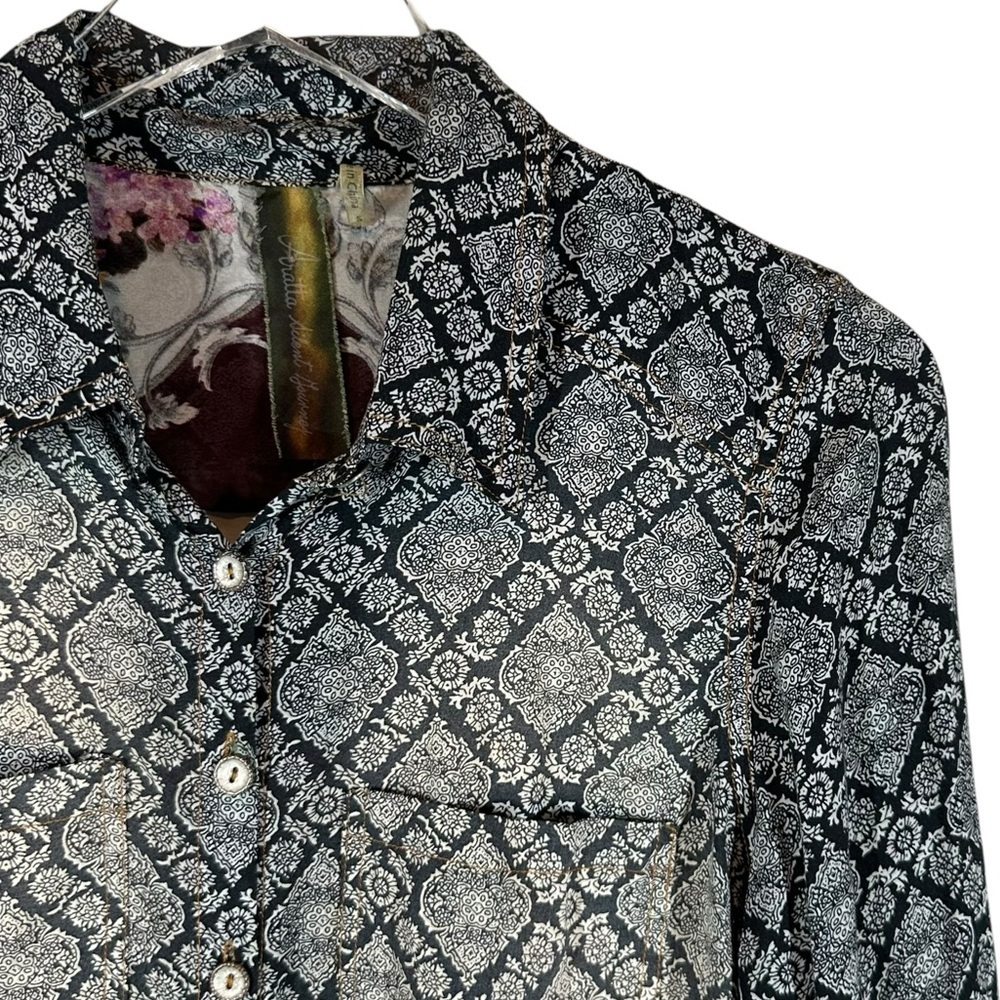 ARATTA SILENT JOURNEY Women's Small Sheer Patchwork Patterned Button down Blouse - Picture 2 of 9